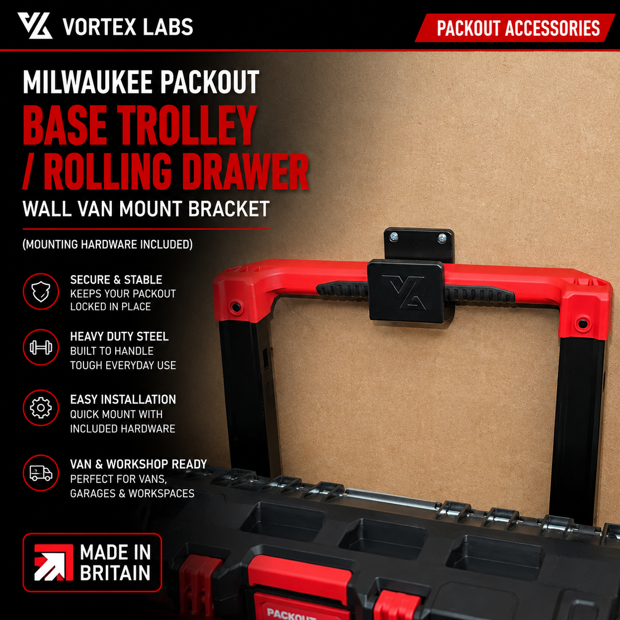 Milwaukee Packout Base Tolley/Rolling Drawer Wall Van Mount Bracket